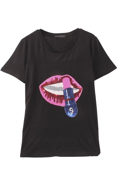 Round Neck Lips Sequined Short Sleeve Loose Tee