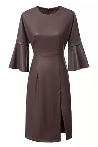 Burgundy Plain Round Neck Flare Sleeve Split Hem PU Midi Dress