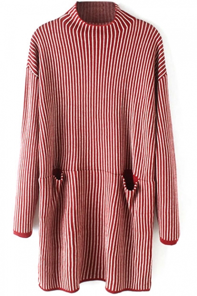 Double Pockets Vertical Stripes High Neck Long Red Sweater