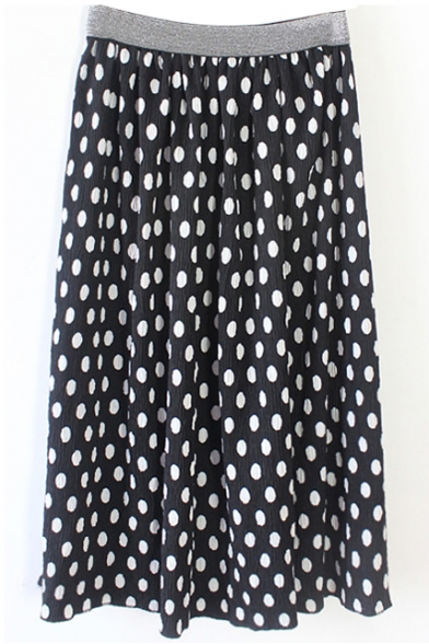 Elastic Waist Polka Dot Color Block Pleated Midi Skirt