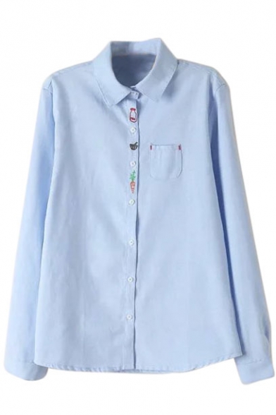 Lapel Cartoon Embroidery Long Sleeve Single Pocket Shirt