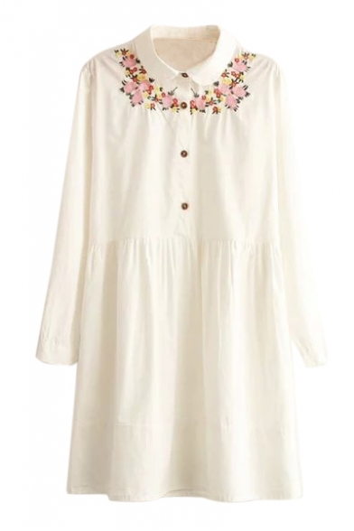 Floral Embroidery Button Detail Long Sleeve Shirt Dress