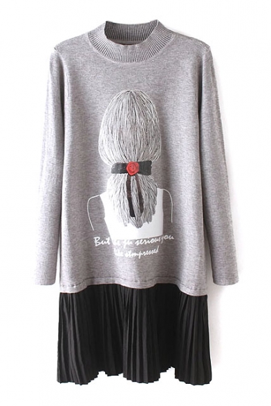 High Neck Girl Print Long Sleeve Pleated Patchwork Sweater