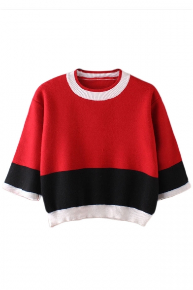 Round Neck 3/4 Length Sleeve Color Block Cropped Sweater