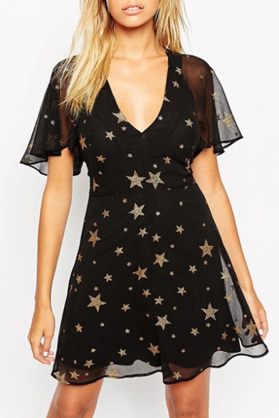 V-Neck Star Print Ruffle Short Sleeve Black Chiffon Dress