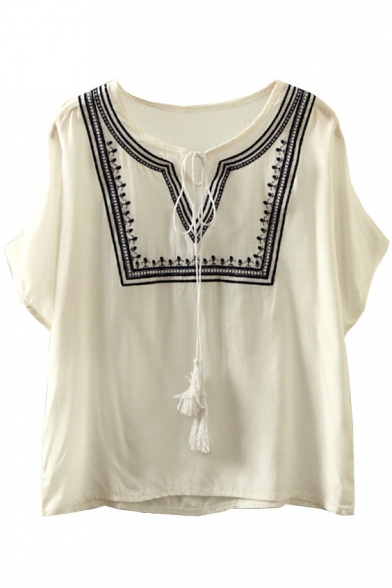 Embroidery Tie Neck Batwing Short Sleeve Loose Blouse