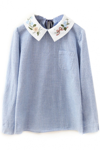 Floral Embroidery Collar Single Pocket Tie Back Stripes Blouse