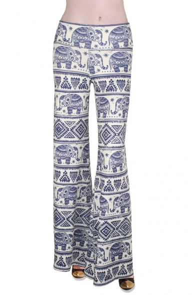 Geometric & Elephant Print Wide Leg Flare Pants