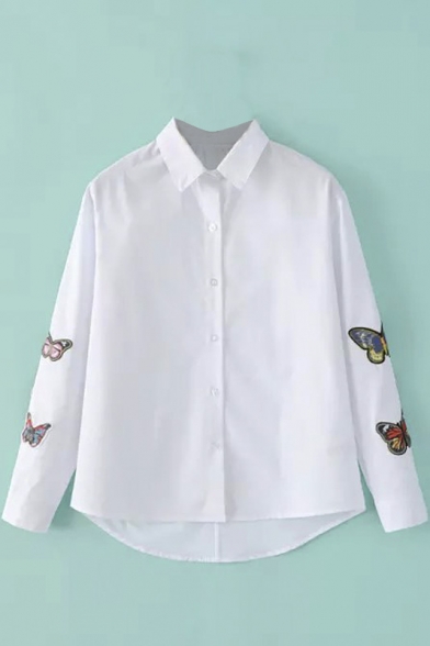 White Lapel Butterfly Embroidery Dip Hem Button Down Shirt