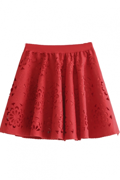 Elastic Waist Plain Crochet Cutout Mini Skirt