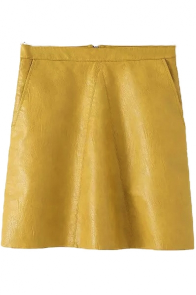 Plain High Waist Zip Back A-Line Double Pockets PU Mini Skirt