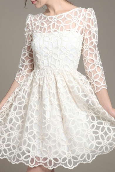 Round Neck 3/4 Length Sleeve Floral Lace Plain Sheer Dress