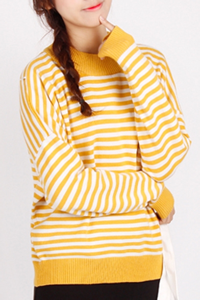 Round Neck Long Sleeve Stripes Loose Pullover Sweater
