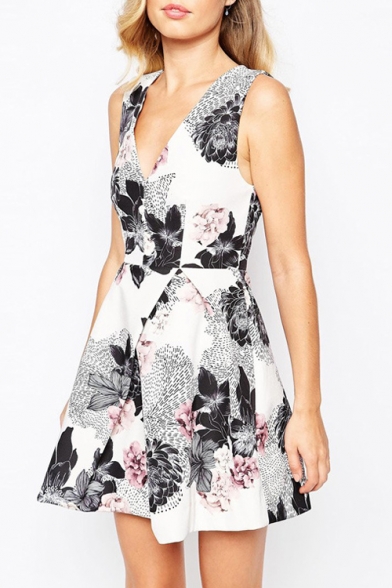 V-Neck Sleeveless Floral Print A-Line Mini Dress - Beautifulhalo.com