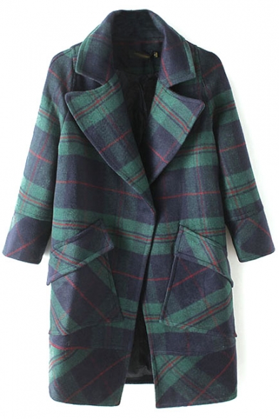 Plaid Notched Lapel Single Button Long Woolen Coat