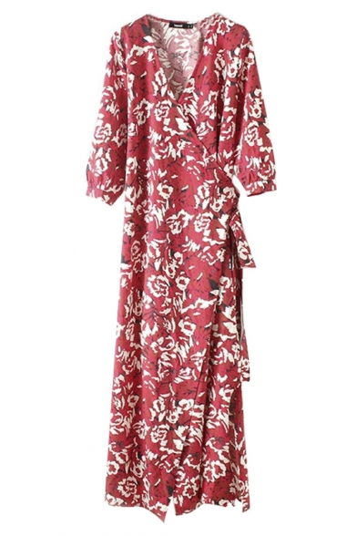 Red 3/4 Length Sleeve Floral Print Belt Waist Maxi Dress