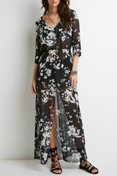 3/4 Length Sleeve V-Neck Vintage Floral Print Sheer Split Front Maxi Dress