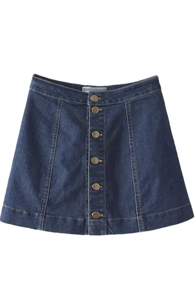 A-Line Button Front Plain Denim Mini Skirt