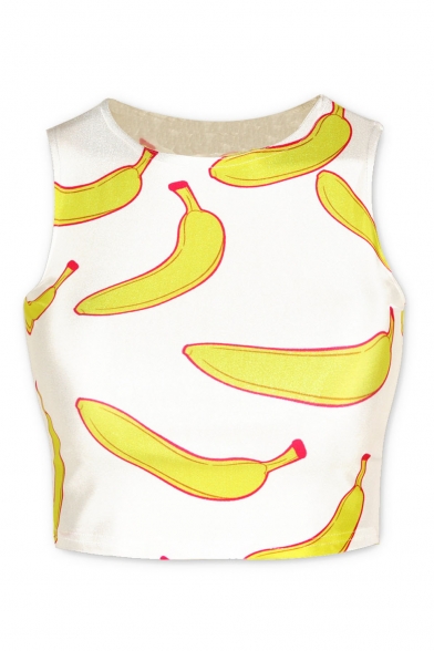 Banana Print Color Block Sleeveless Round Neck Cropped Tank