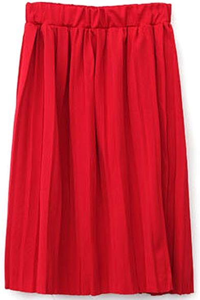 Elastic Waist Pleated Plain High Waist Midi Skirt