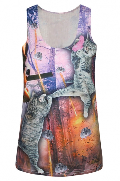 Fighting Cat and Mouse Print Scoop Neck Slim Tank