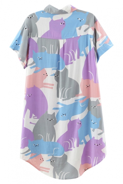 Lapel Color Block Cat Print Short Sleeve Dip Hem Tunic Shirt