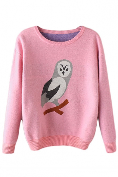 Pink Round Neck Cartoon Owl Patterned Thicken Sweater