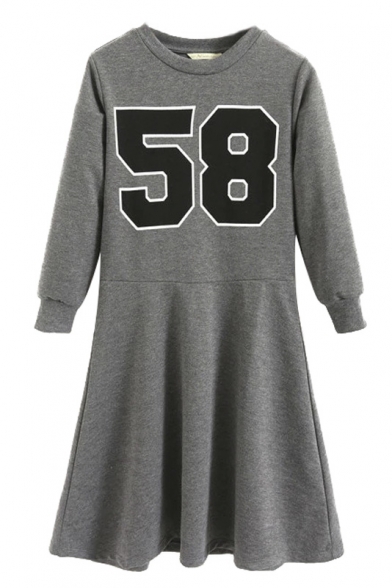 Round Neck 3/4 Length Sleeve Number Patterned Mini Dress
