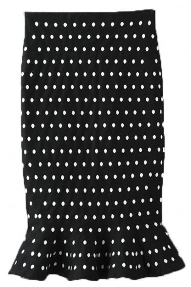 High Wast Houndstooth Polka Dot Fishtail Style Knit Skirt
