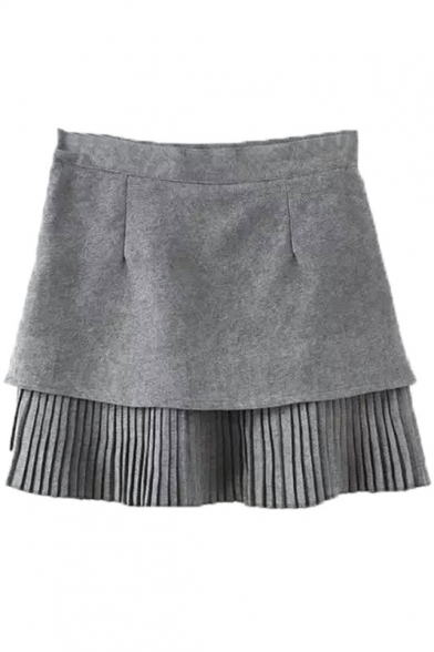 Plain Pleated Patchwork Layered Mini A-Line Skirt