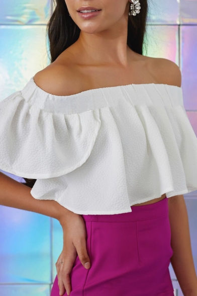 White Off The Shoulder Short Sleeve Ruffle Detail Cropped Blouse
