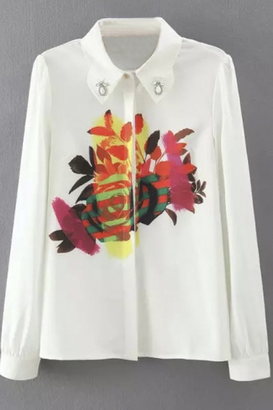 Beading Lapel Floral Print Button Down White Shirt