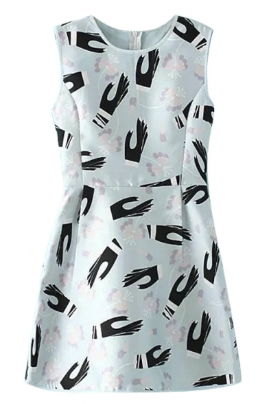 Sleeveless Hands Print Zip Back A-Line Mini Dress