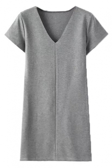 V-Neck Short Sleeve Plain Stretch Shift Mini Dress