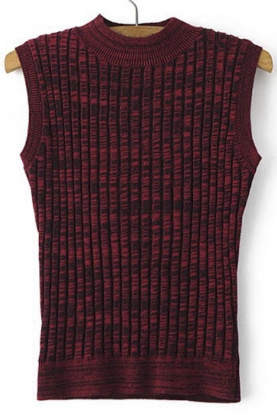 Vertical Stripes Round Neck Sleeveless Tight Knit Vest
