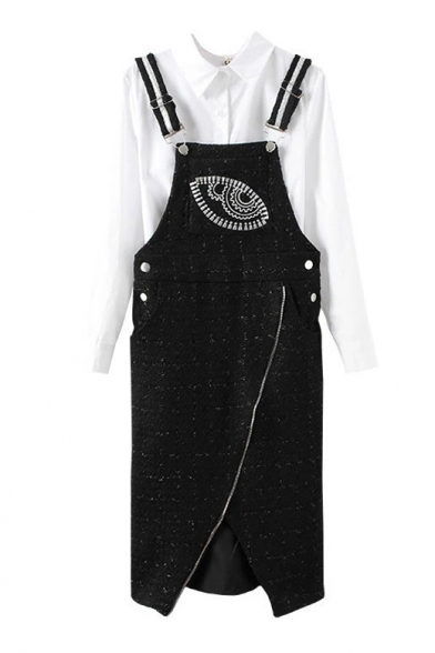 Eye Embroidery Slip Front Overall Dress with White Shirt