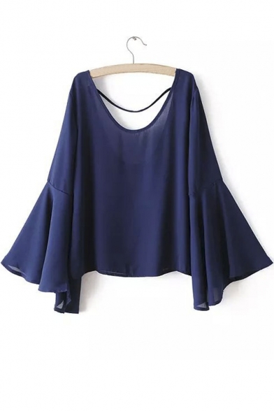 Plain Scoop Neck Backless Flared Sleeve Loose Blouse - Beautifulhalo.com