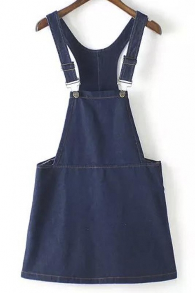 Dark Blue Plain Loose Denim Short Overall Dress