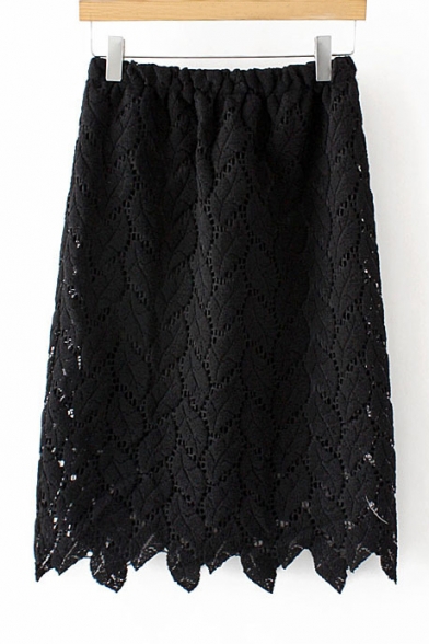 Elastic Waist Plain Leaf Crochet Asymmetrical Hem Midi Skirt