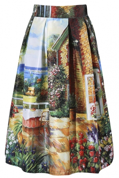 Elastic Waist Rural Landscape Print A-Line Midi Skirt