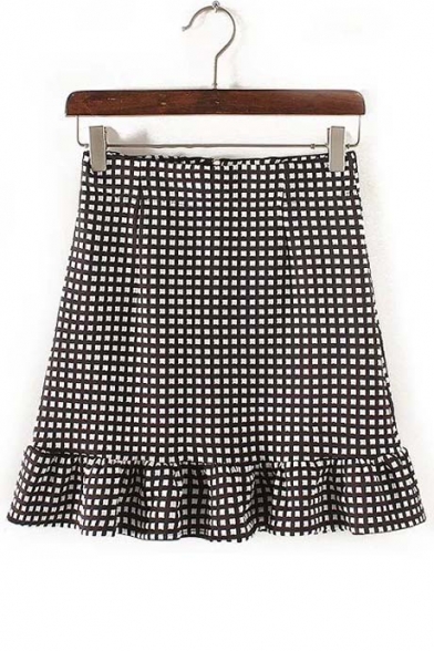 High Waist Plaid Monochrome Flared Skirt