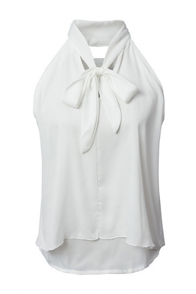 Plain Halter Bow Front Two Tiers Sleeveless Blouse - Beautifulhalo.com
