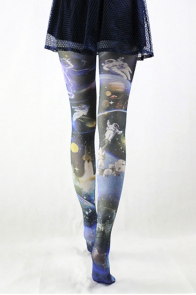 High Waist Outer Space Astronauts Print Pantyhose