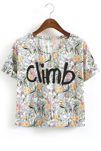 Round Neck Floral & Climb Print Short Sleeve Cropped Tee