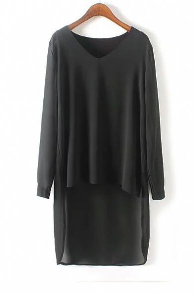 Fashion Black V-Neck High Low Long Sleeve Dress