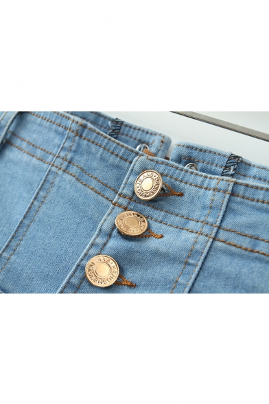 Blue Bleached Button Through Pockets High Waist Denim Shorts