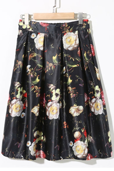 Floral Print High Waist A-Line Midi Skirt