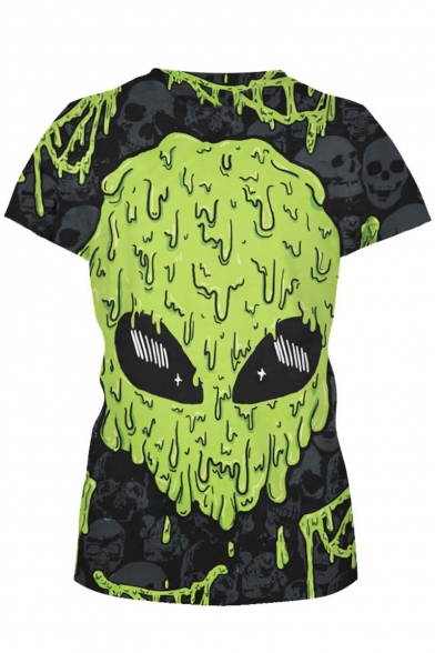 Green Alien & Skull Print Short Sleeve Slim Tee
