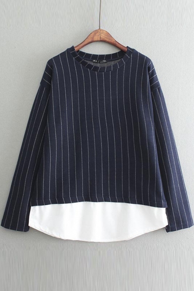 Stripes Patchwork False Two-Piece Loose Long Sleeve Tee