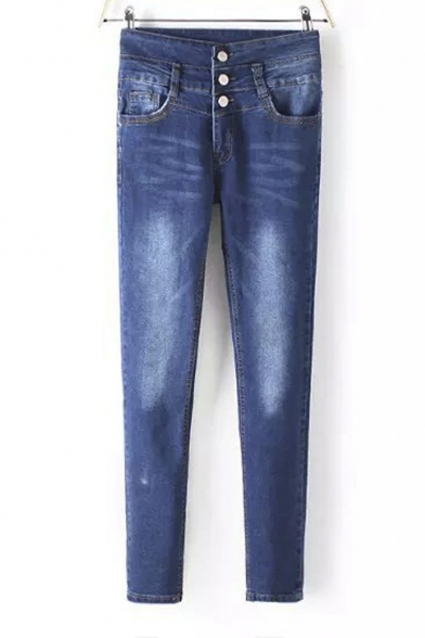 High Waist Button Fly Washed Blue Skinny Jeans